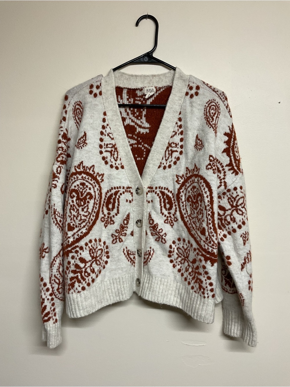 a.n.a Cream & Rust Paisley V-Neck Button Cardigan